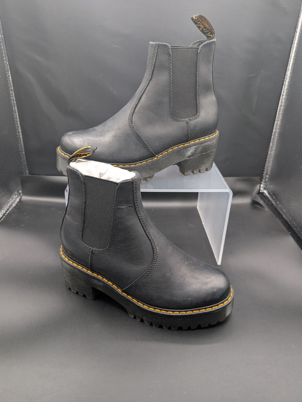 Dr. Martens Black Leather Chelsea Lug Boots with Yellow Stitching NWOT